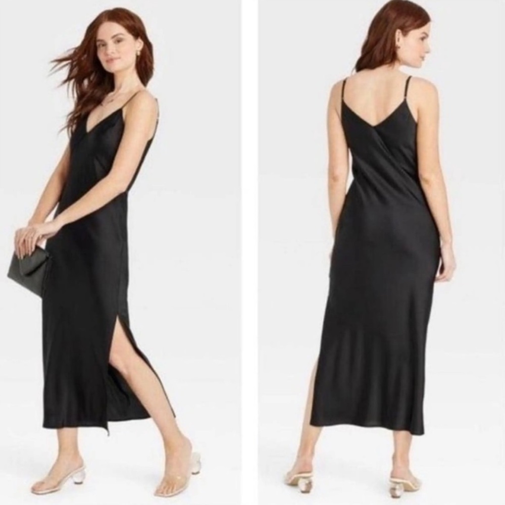 Black Satin Maxi Slip Dress Cocktail Date Night Homecoming Wedding